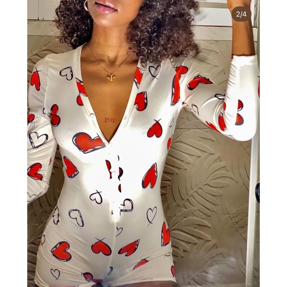 Tops - Womens Heart Print Button Down Long Sleeve Top Casual Romper